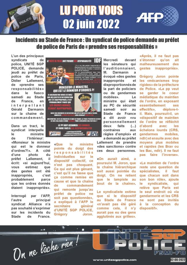 Incidents au Stade de France : Un syndicat de police demande au préfet de police de Paris de « prendre ses responsabilités »