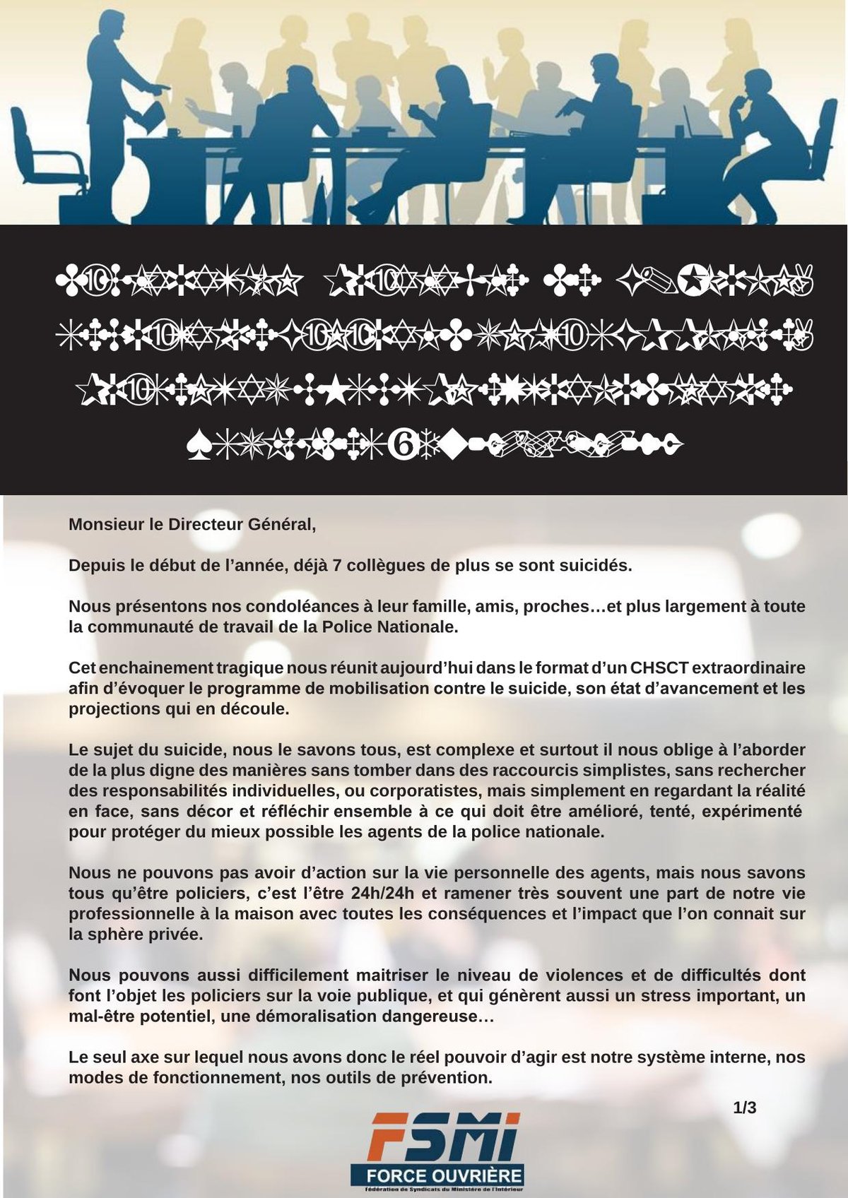 Déclaration préalable de G. JORON au CHSCT PN extraordinaire "suicide"