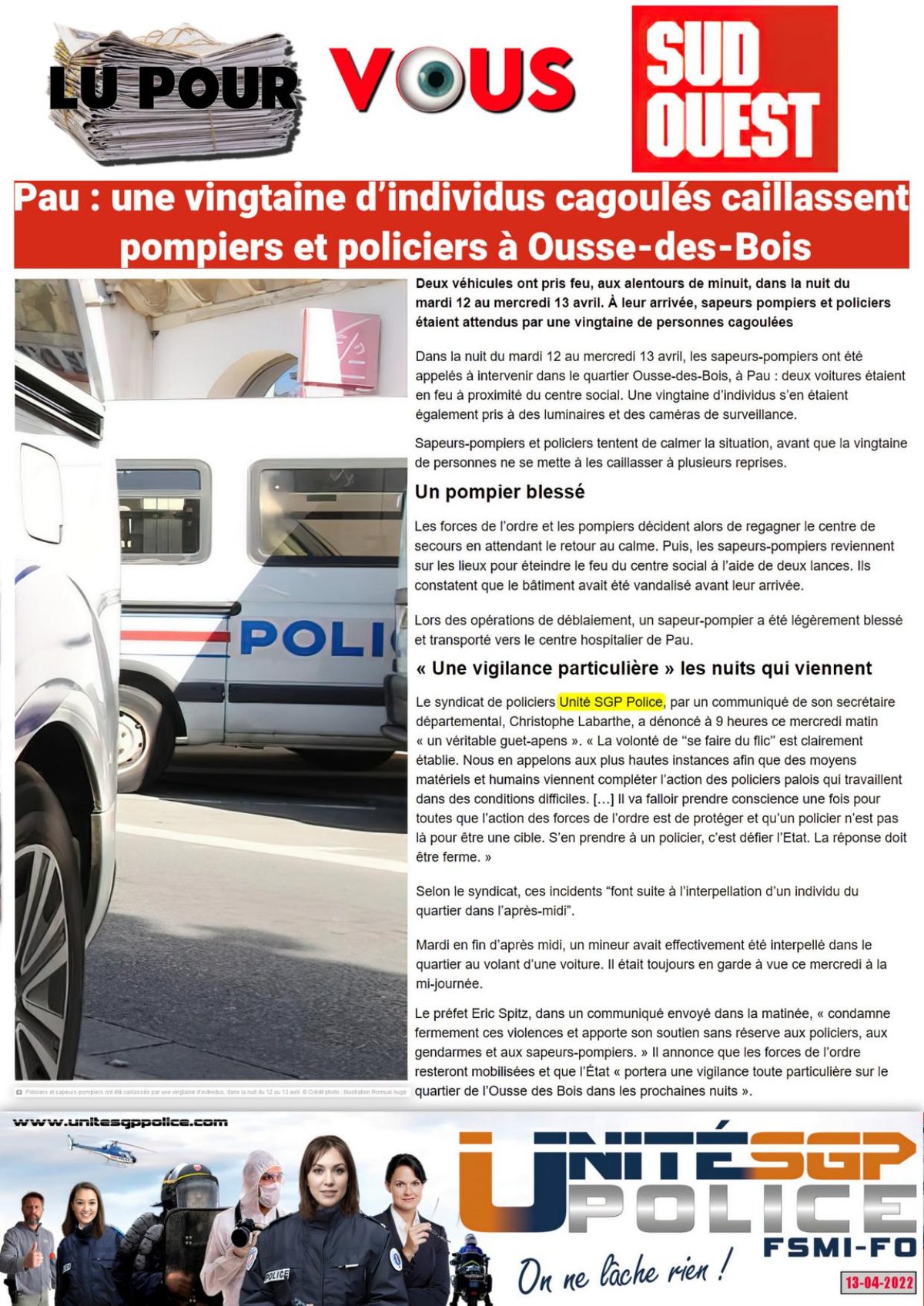 PAU : une vingtaine d’individus cagoulés caillassent pompiers et policiers à OUSSE-DES-BOIS