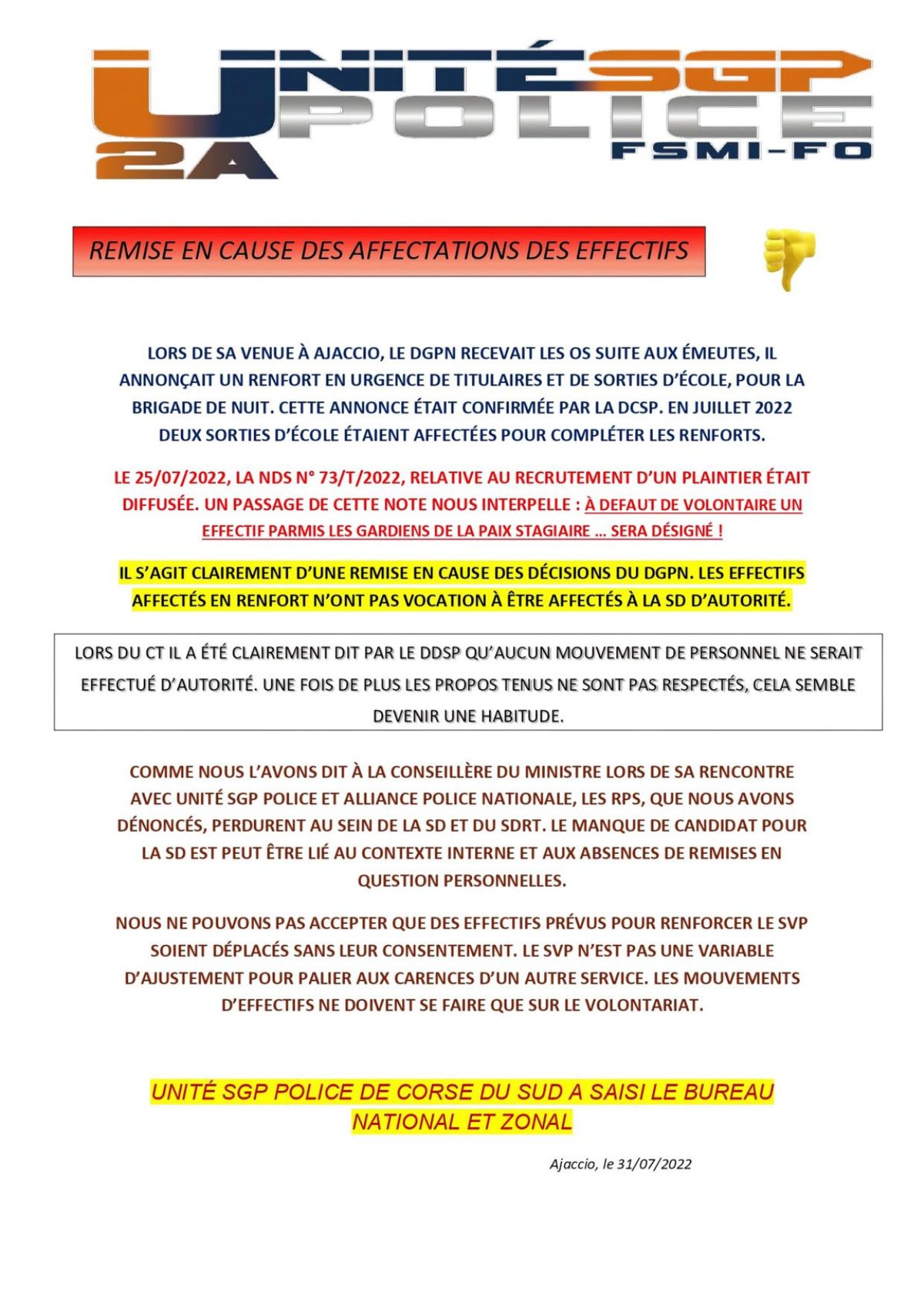 AJACCIO : REMISE EN CAUSE DES AFFECTATIONS
