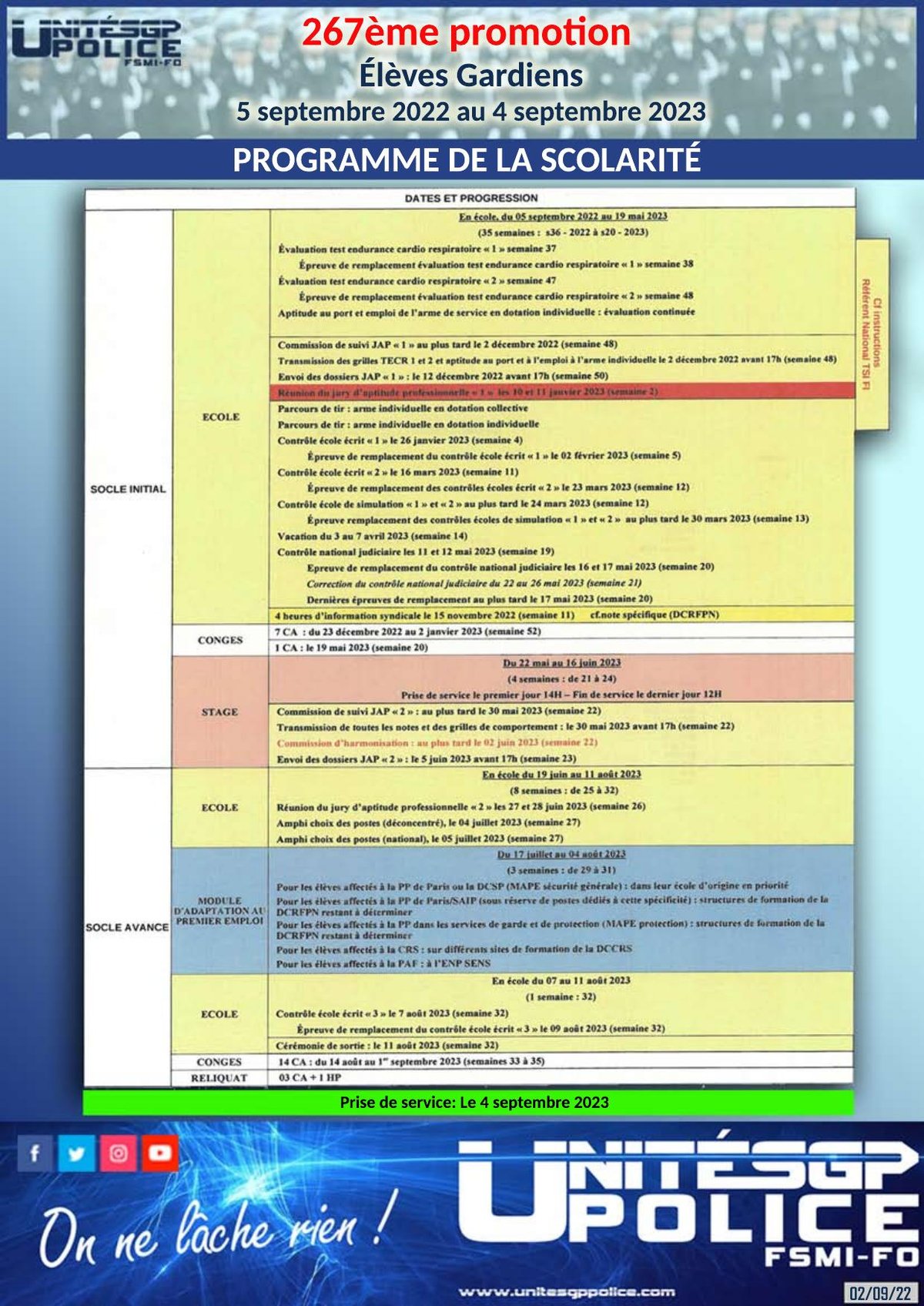 267ème promotion - Elèves gardiens - Programme de la scolarité