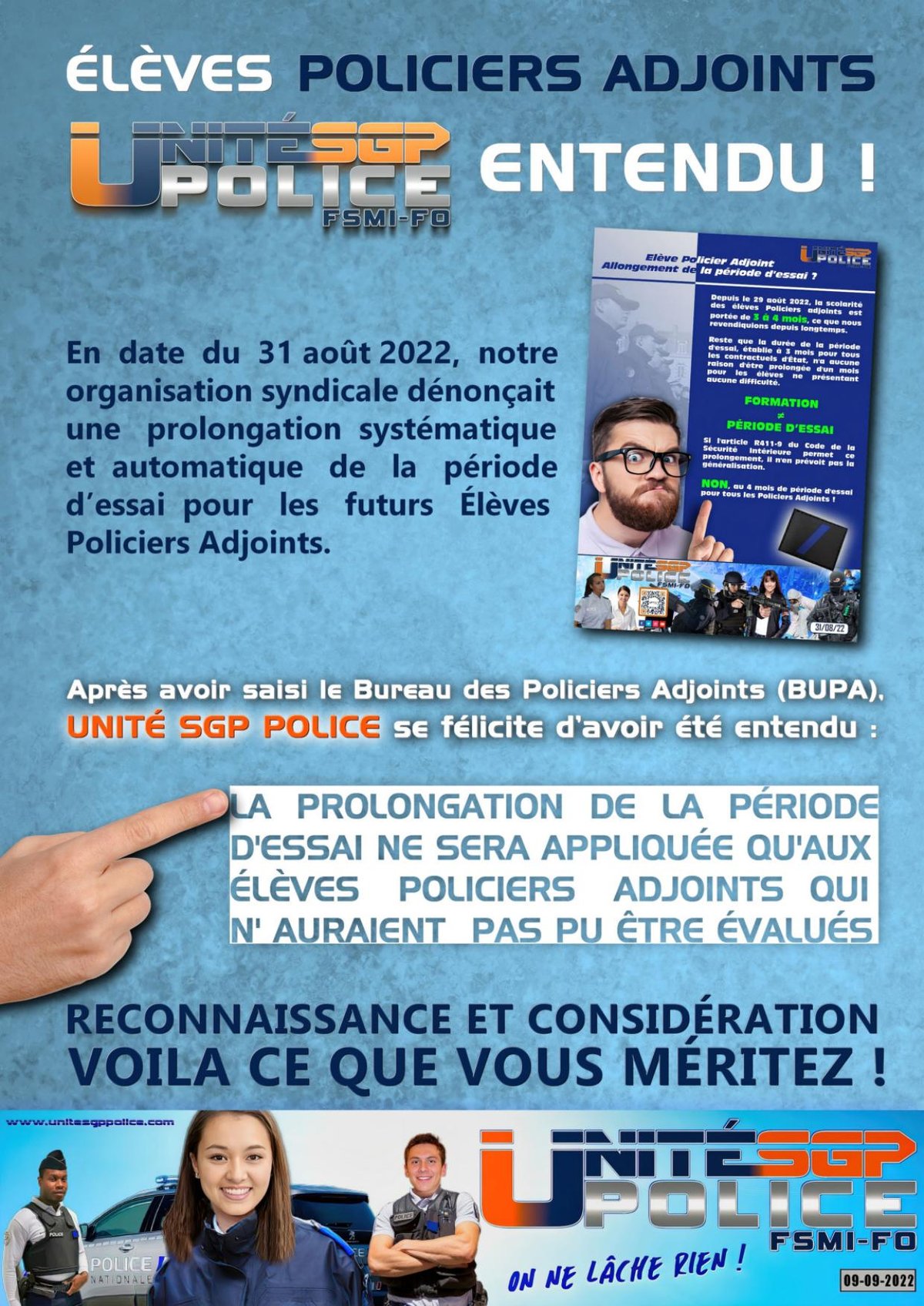 ÉLÈVES POLICIERS ADJOINTS : UNITÉ SGP POLICE ENTENDU !