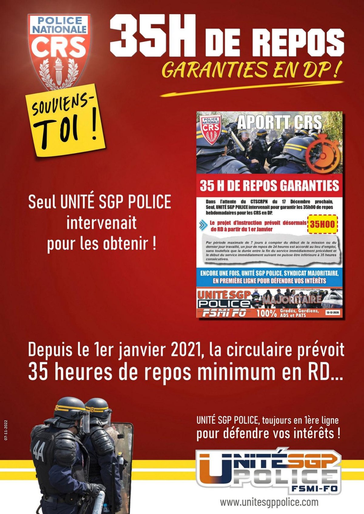 BILAN CRS : 35 H de repos garanties en DP