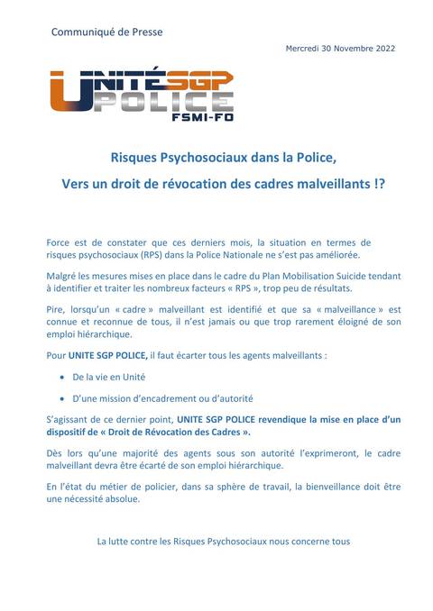 Aperçu — Risques Psychosociaux dans la Police, Vers un droit de révocation des cadres malveillants !?