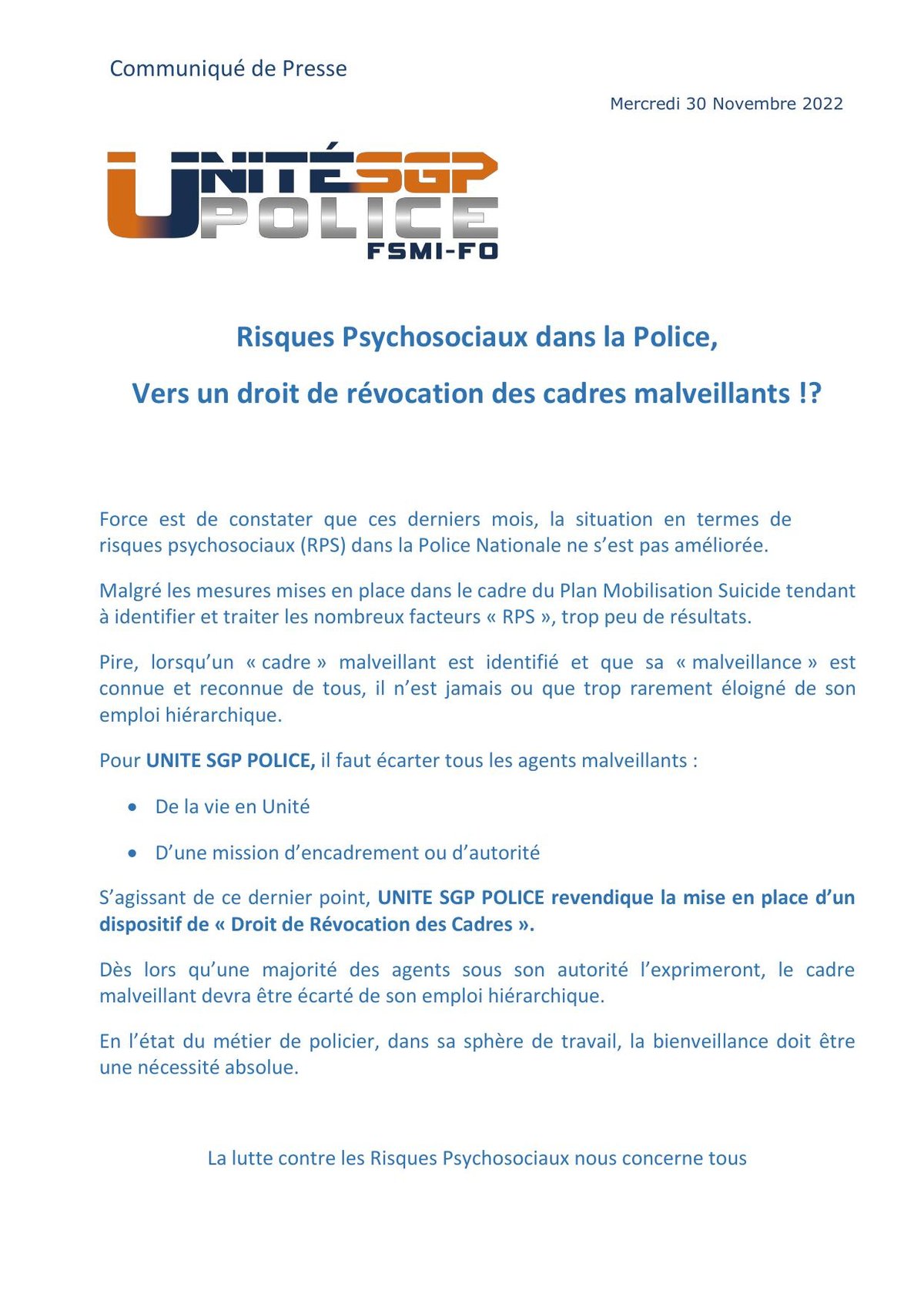 Risques Psychosociaux dans la Police, Vers un droit de révocation des cadres malveillants !?