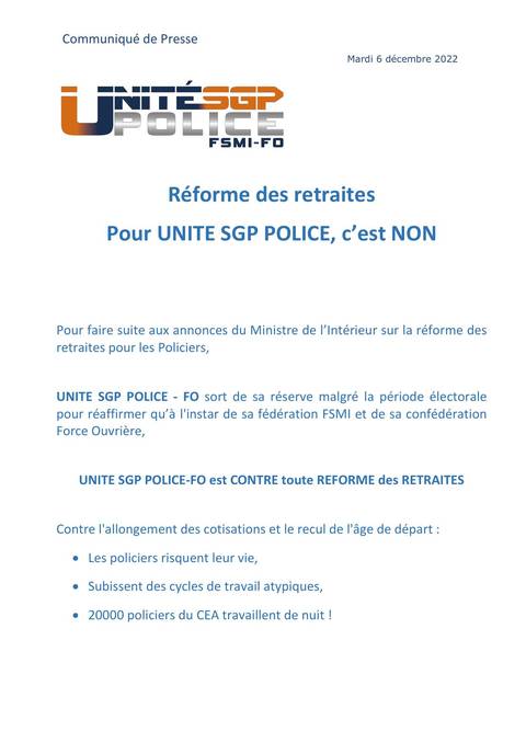 Aperçu — COMMUNIQUÉ DE PRESSE : Réforme des retraites, pour UNITE SGP POLICE, c’est NON !