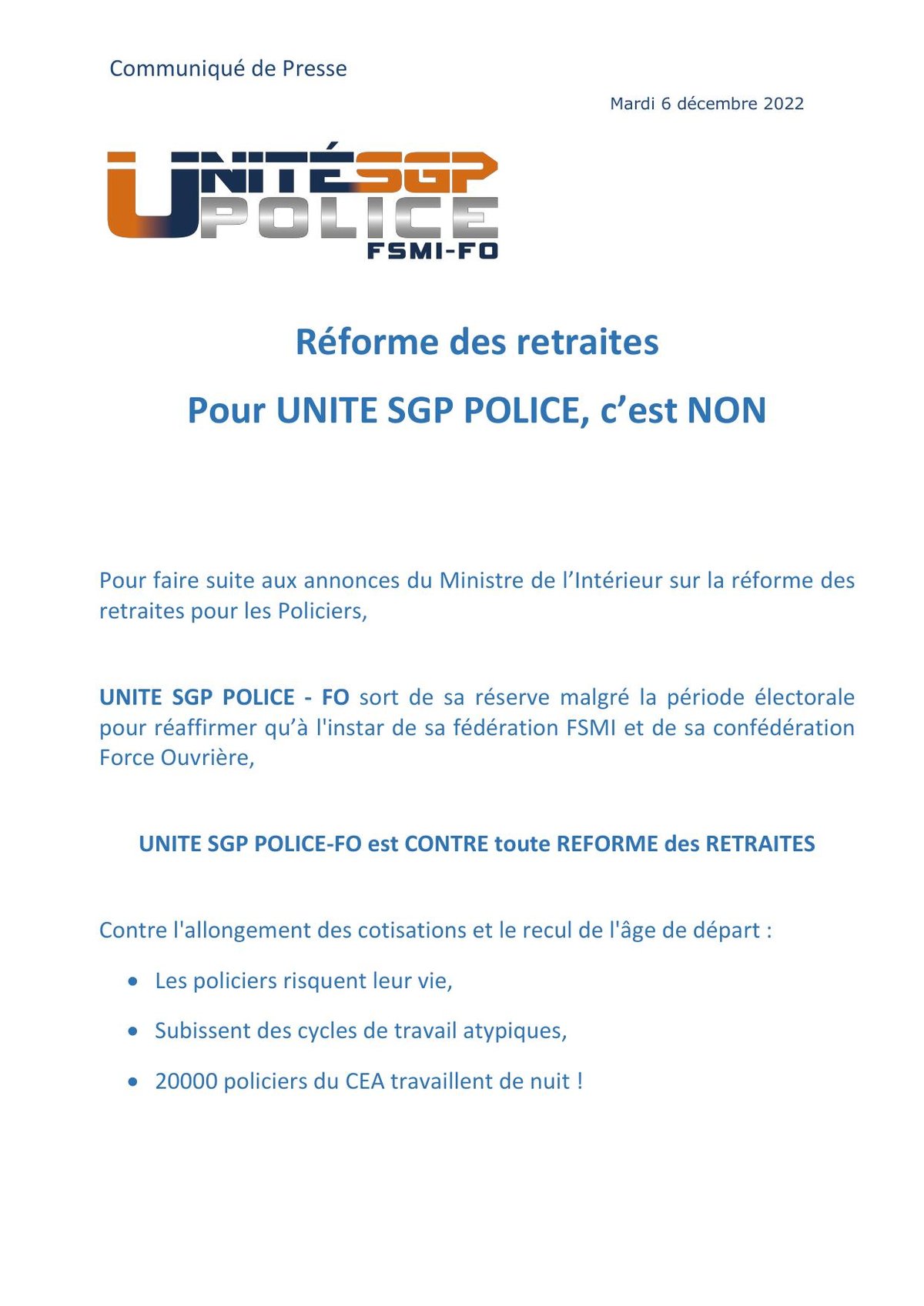 COMMUNIQUÉ DE PRESSE : Réforme des retraites, pour UNITE SGP POLICE, c’est NON !