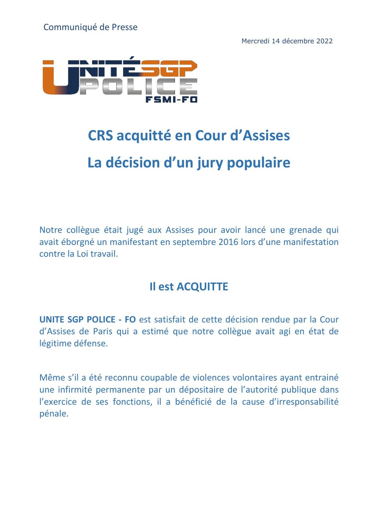 COMMUNIQUÉ DE PRESSE : CRS acquitté en Cour d’Assises