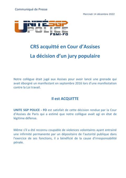 Aperçu — COMMUNIQUÉ DE PRESSE : CRS acquitté en Cour d’Assises