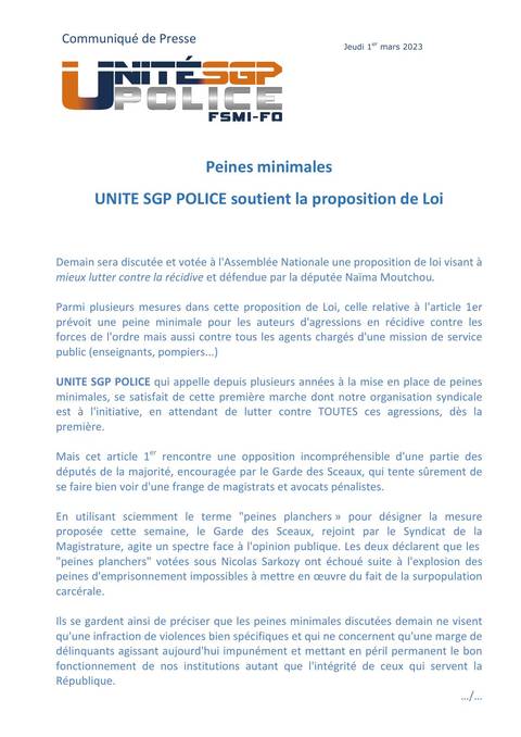 Aperçu — Peines minimales : UNITÉ SGP POLICE soutient la proposition de Loi