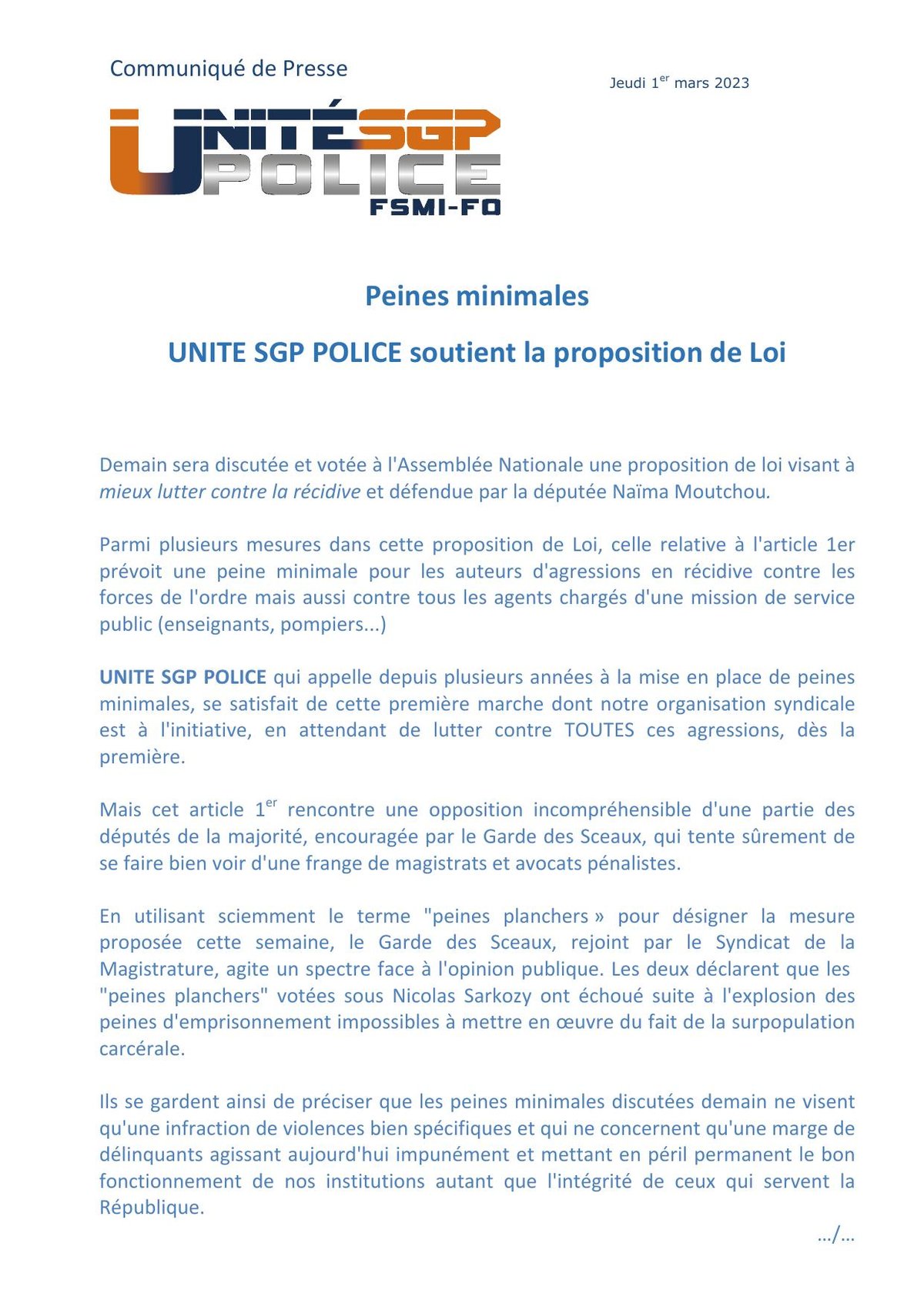 Peines minimales : UNITÉ SGP POLICE soutient la proposition de Loi