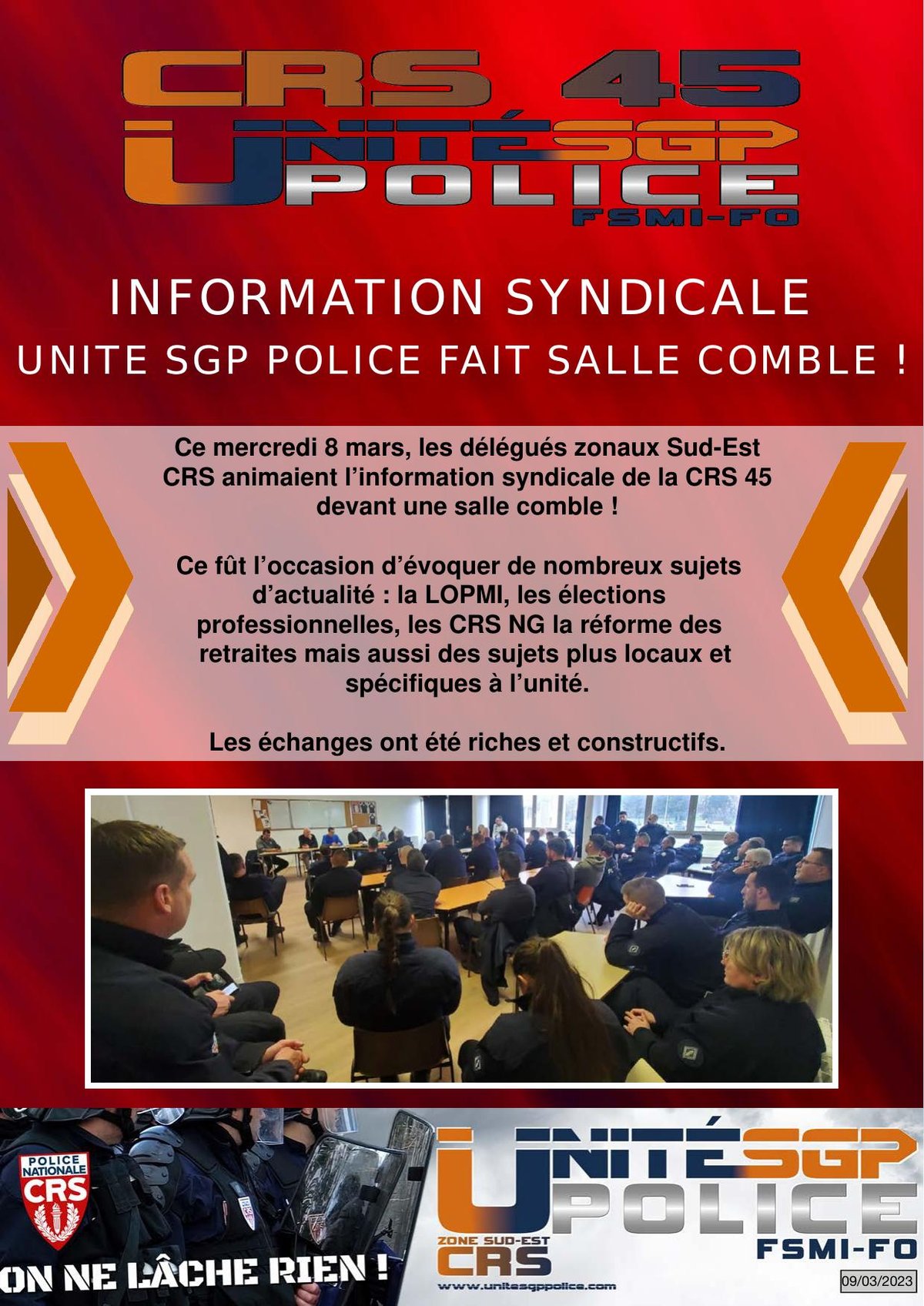 INFORMATION SYNDICALE : UNITÉ SGP POLICE FAIT SALLE COMBLE !