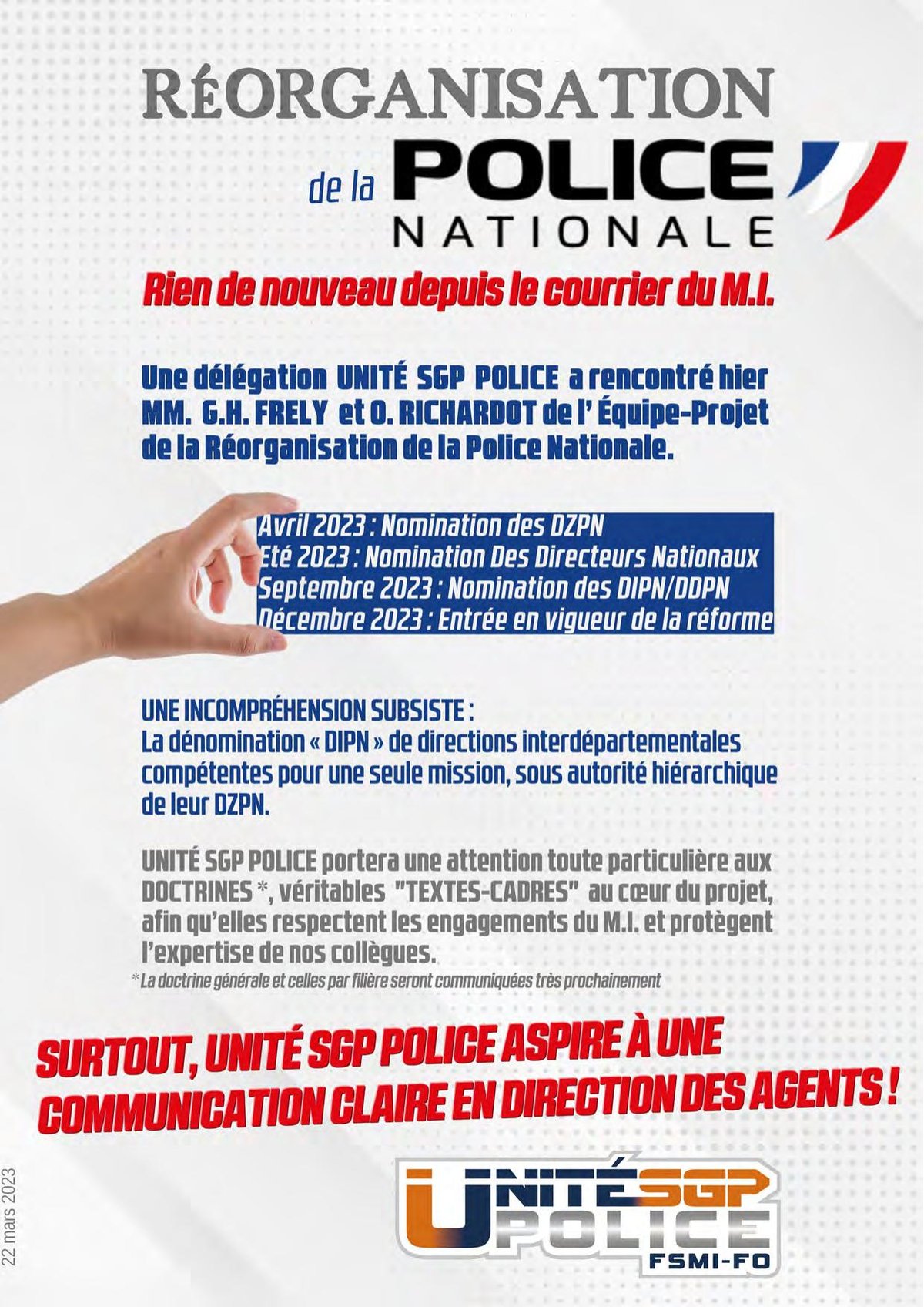 Réorganisation de la Police Nationale : Rien de nouveau depuis le courrier du M.I.
