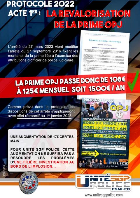 Aperçu — PROTOCOLE 2022 : ACTE 1er : LA REVALORISATION DE LA PRIME OPJ