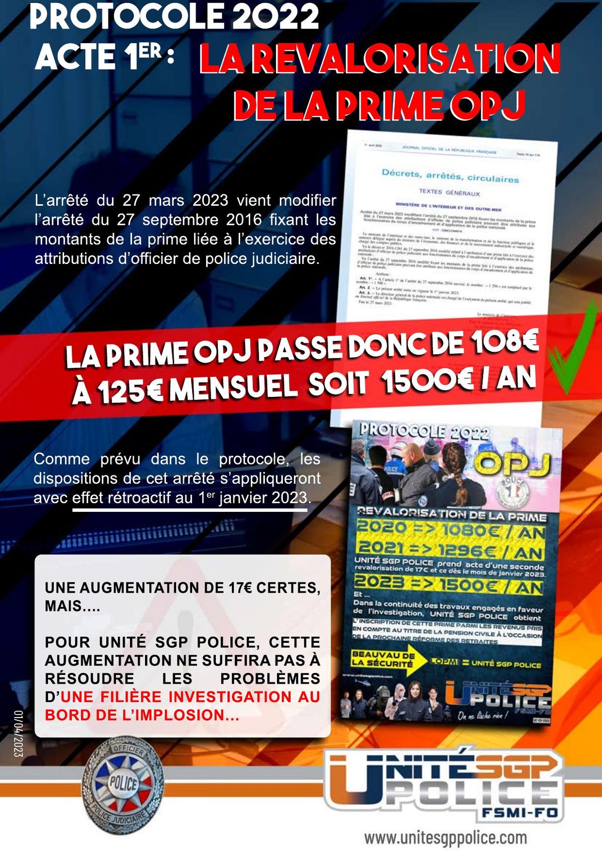 PROTOCOLE 2022 : ACTE 1er : LA REVALORISATION DE LA PRIME OPJ