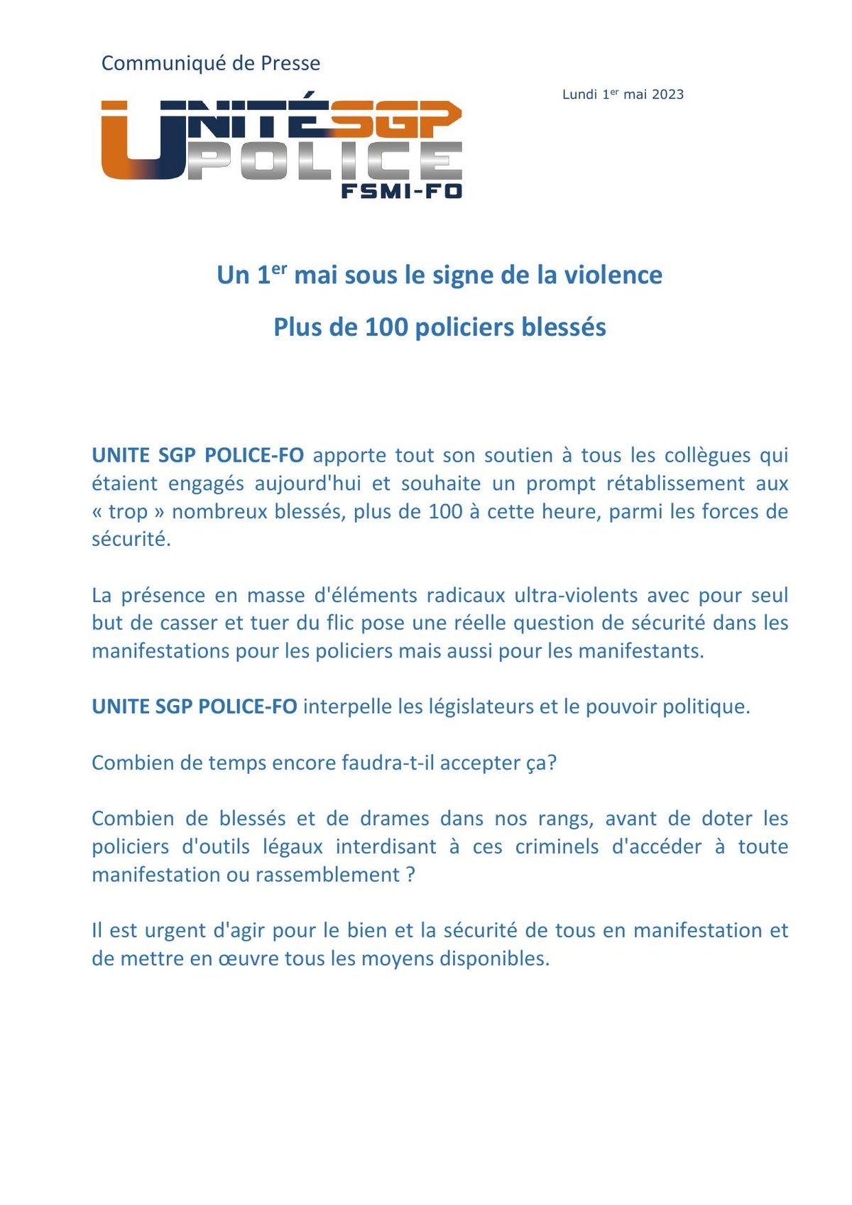 COMMUNIQUÉ DE PRESSE : Un 1er mai sous le signe de la violence Plus de 100 policiers blessés