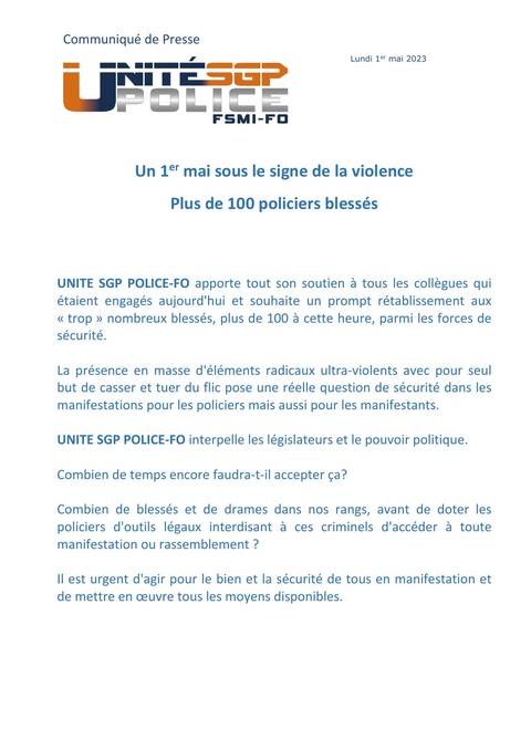 Aperçu — COMMUNIQUÉ DE PRESSE : Un 1er mai sous le signe de la violence Plus de 100 policiers blessés