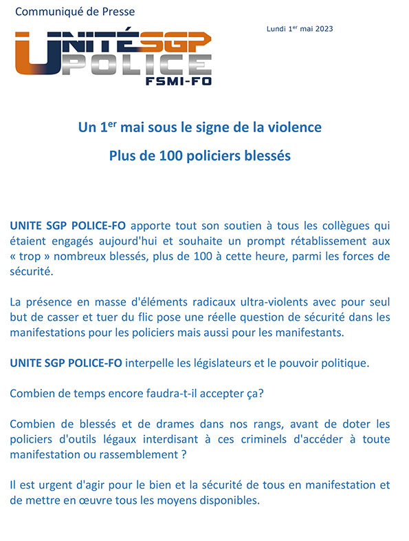 COMMUNIQUÉ DE PRESSE : Un 1er mai sous le signe de la violence Plus de 100 policiers blessés