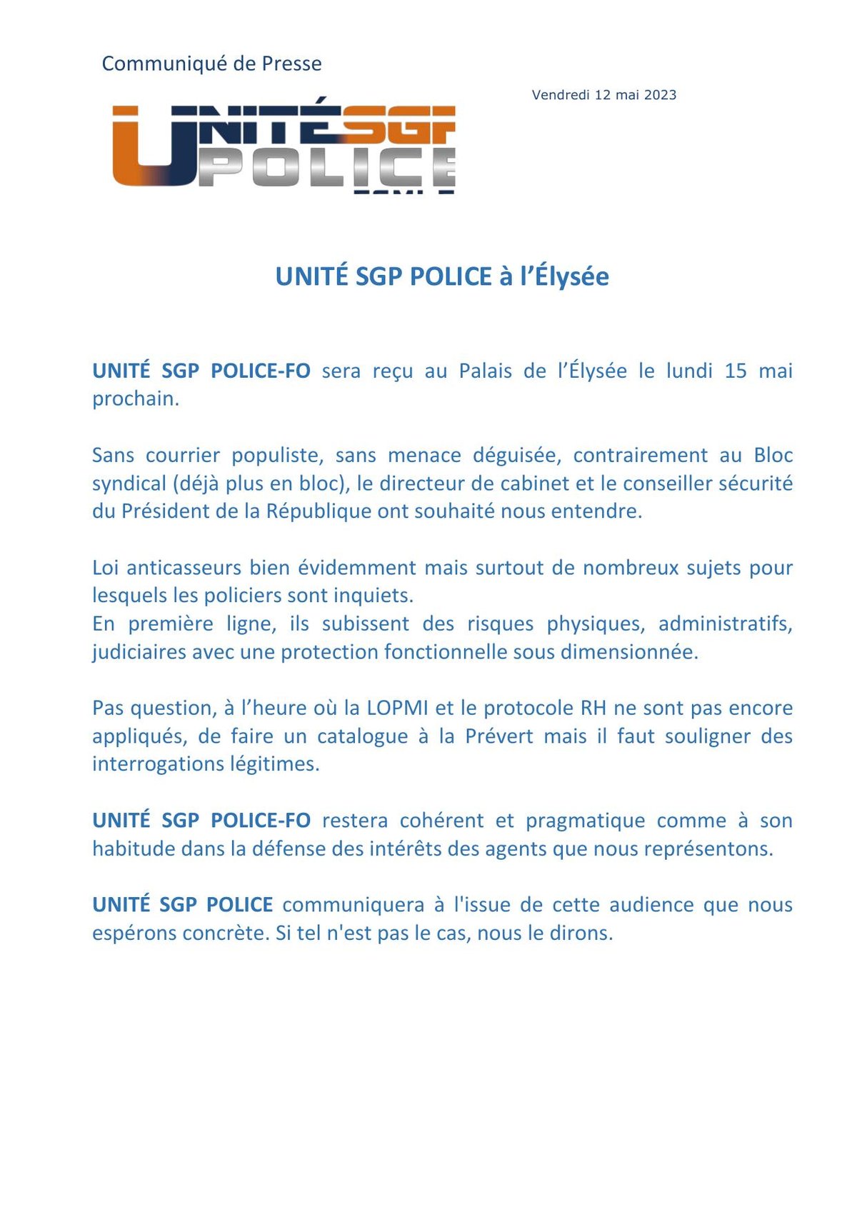 COMMUNIQUÉ DE PRESSE : UNITÉ SGP POLICE à l’Élysée