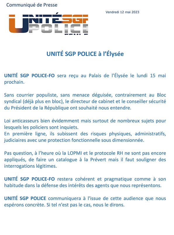 COMMUNIQUÉ DE PRESSE : UNITÉ SGP POLICE à l’Élysée