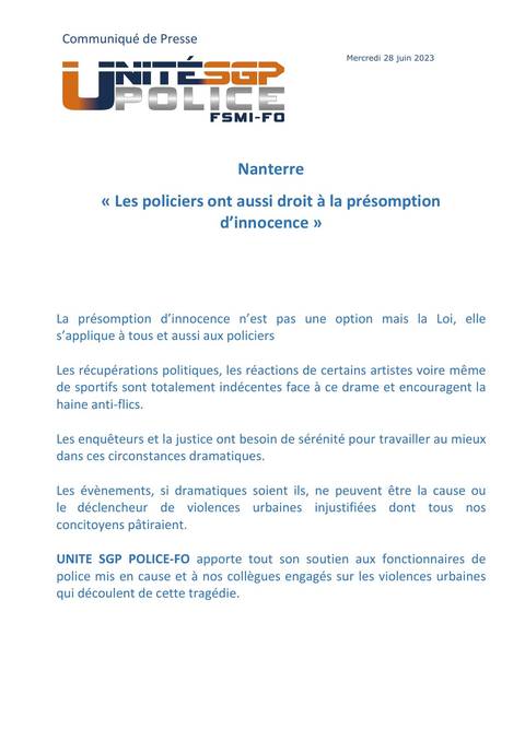Aperçu — COMMUNIQUÉ DE PRESSE : LES POLICIERS ONT AUSSI DROIT À LA PRÉSOMPTION D'INNOCENCE