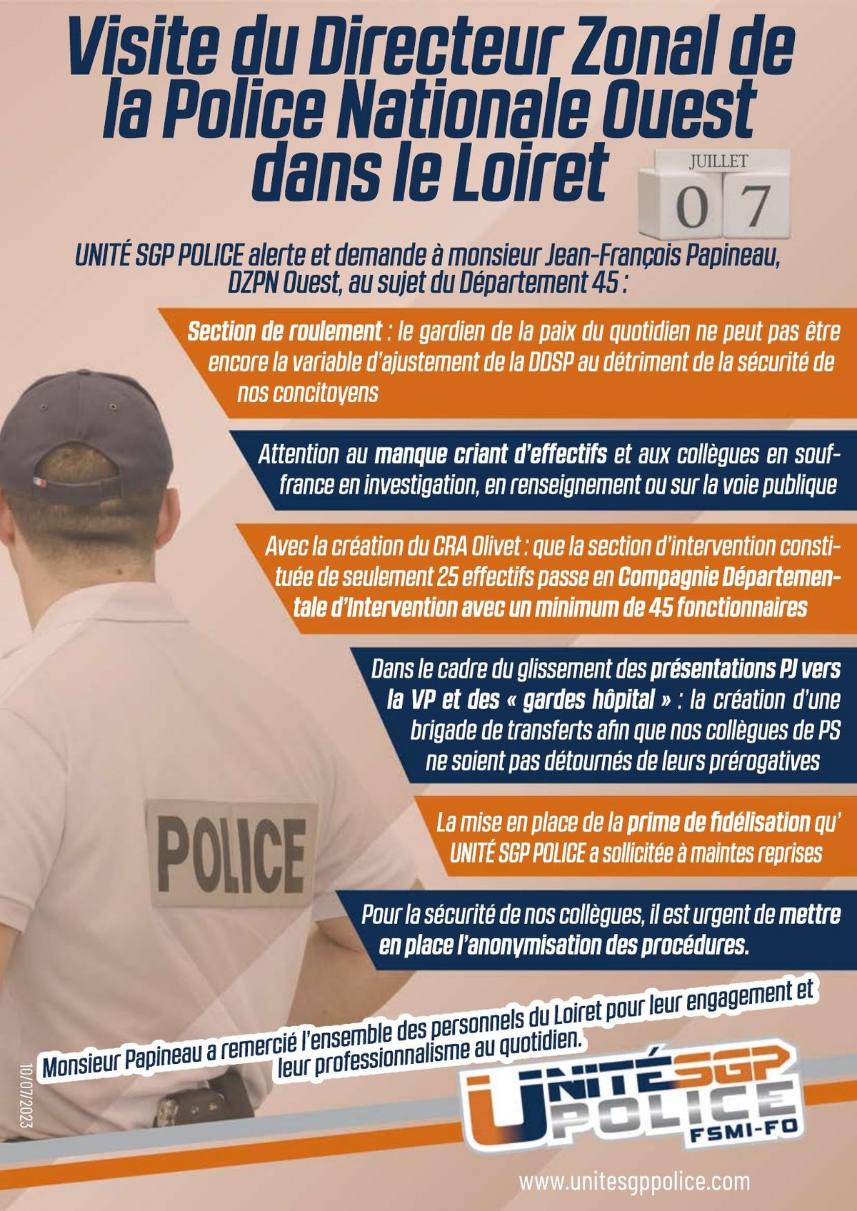 Visite du Directeur Zonal de la Police Nationale Ouest dans le Loiret