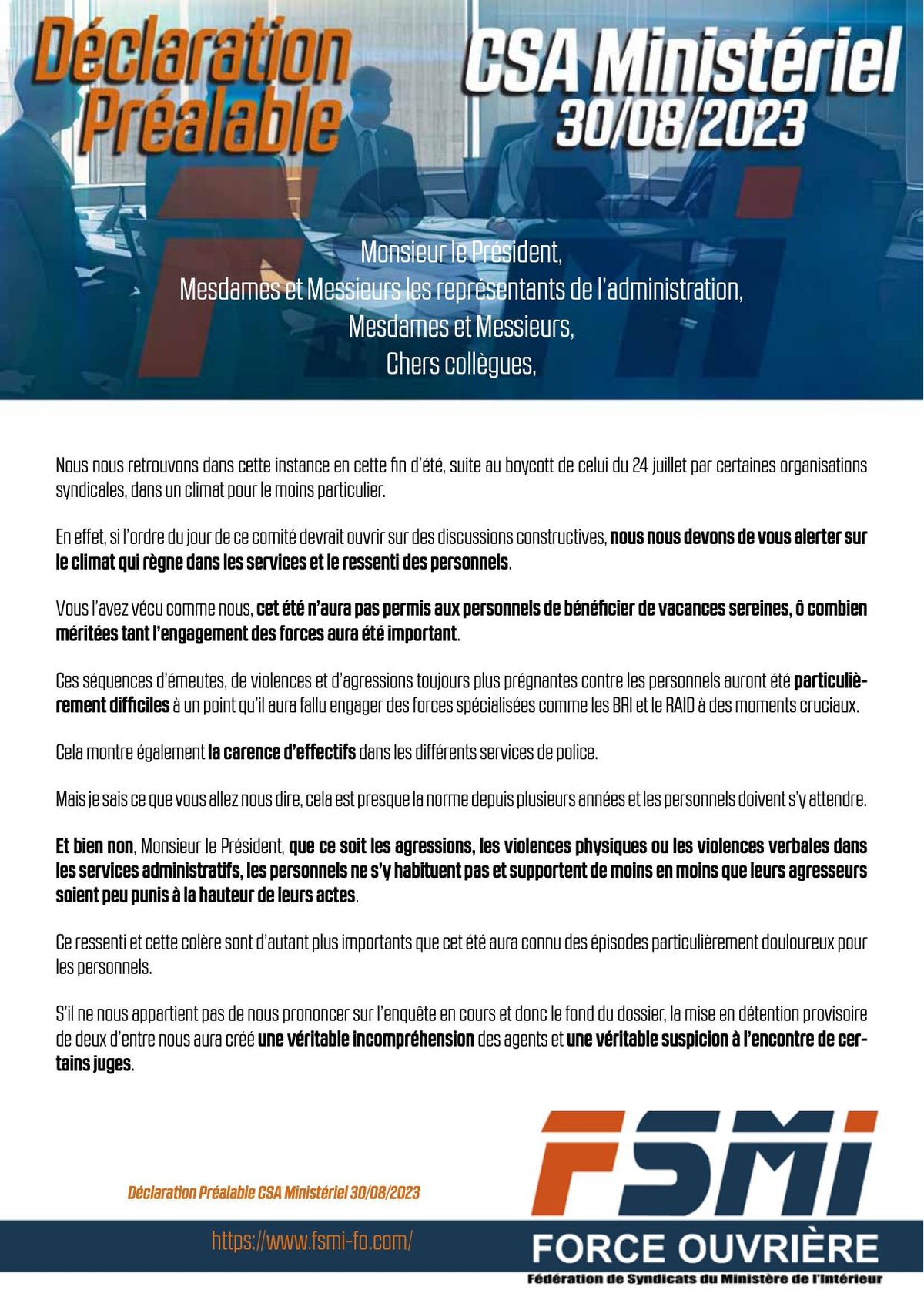 Déclaration Préalable CSA Ministériel du 30/08/2023