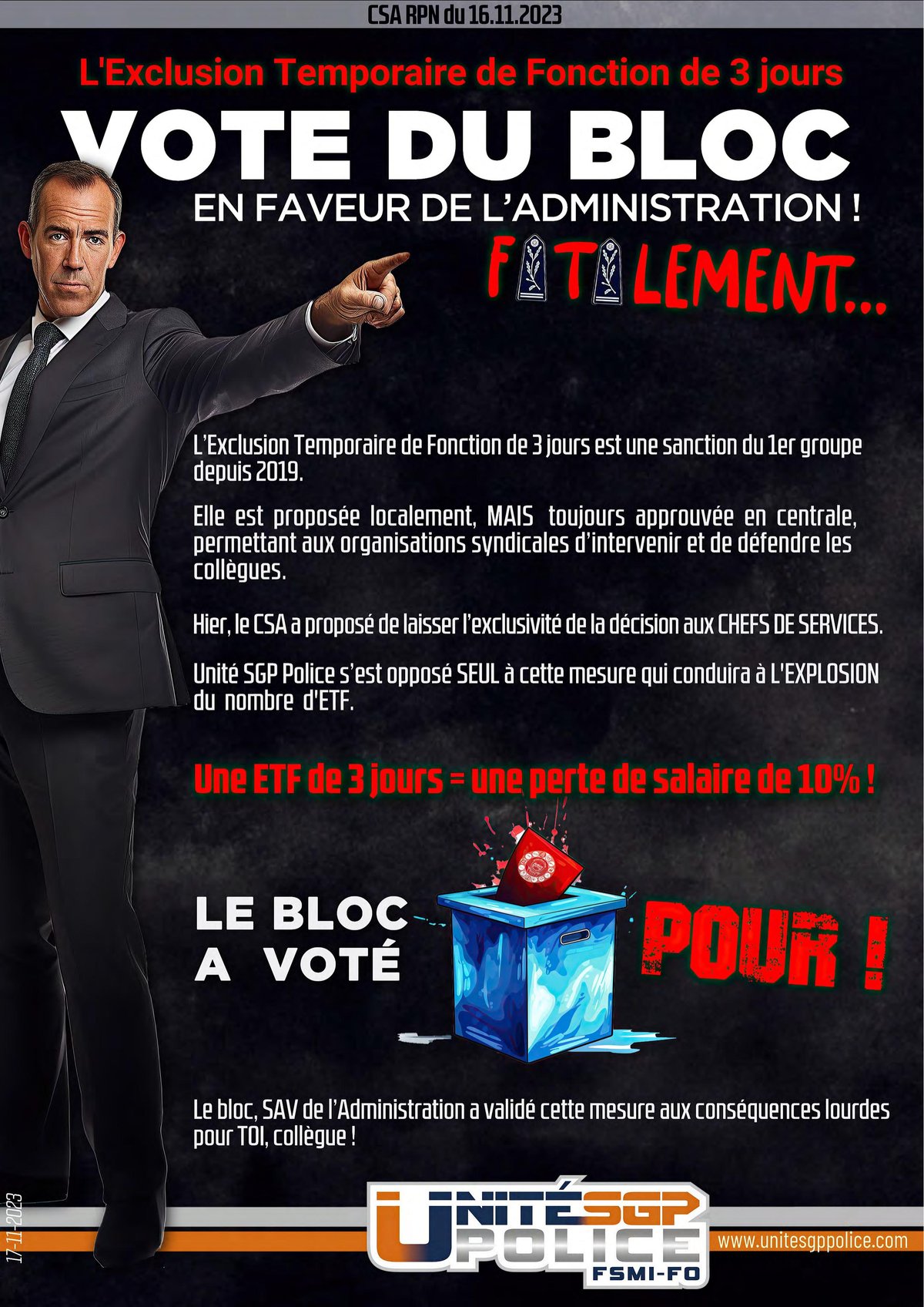 CSA RPN du 16.11.2023 - L’ETF de 3 jours - VOTE DU BLOC EN FAVEUR DE L’ADMINISTRATION ! (fatalement...)