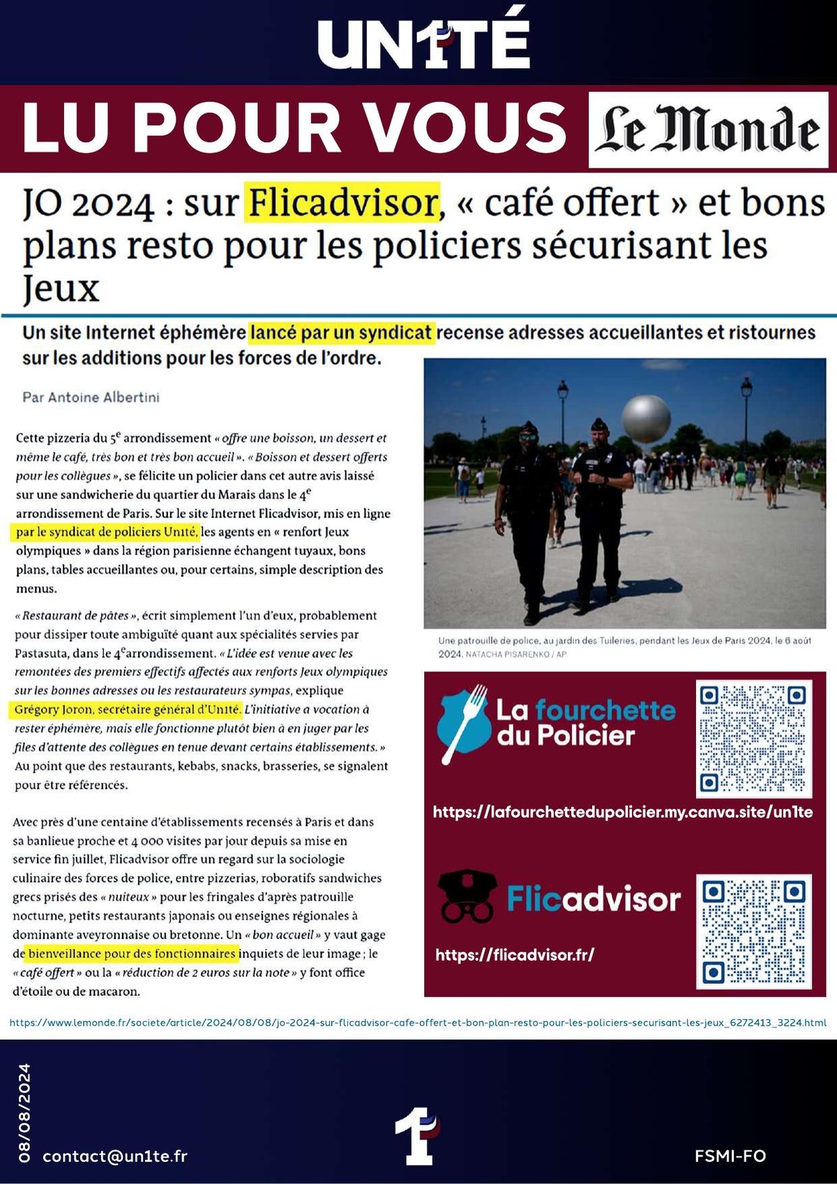 Lu pour vous - Le Monde: Sur Flicadvisor, «café offert» et bons plans resto pour les policiers sécurisant les Jeux