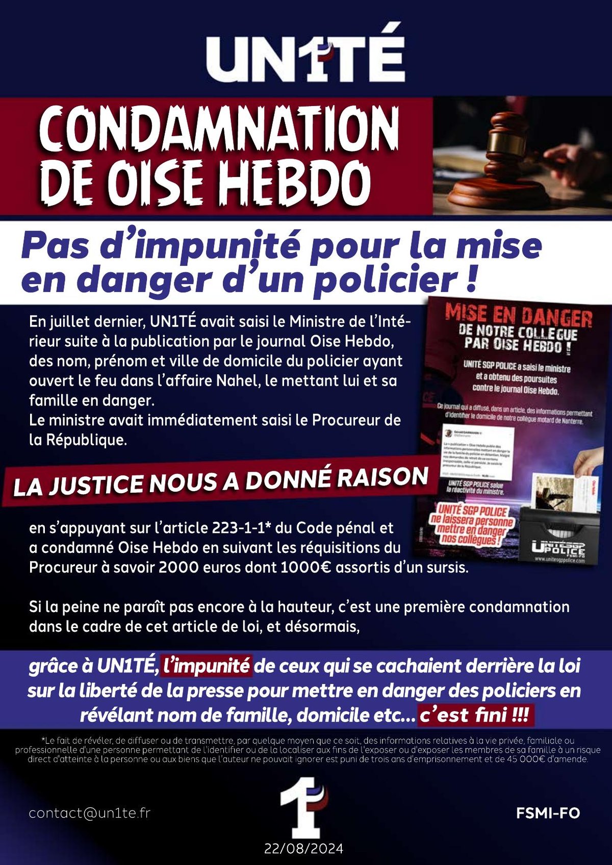 Condamnation de Oise Hebdo - Pas d’impunité pour la mise en danger d’un policier !