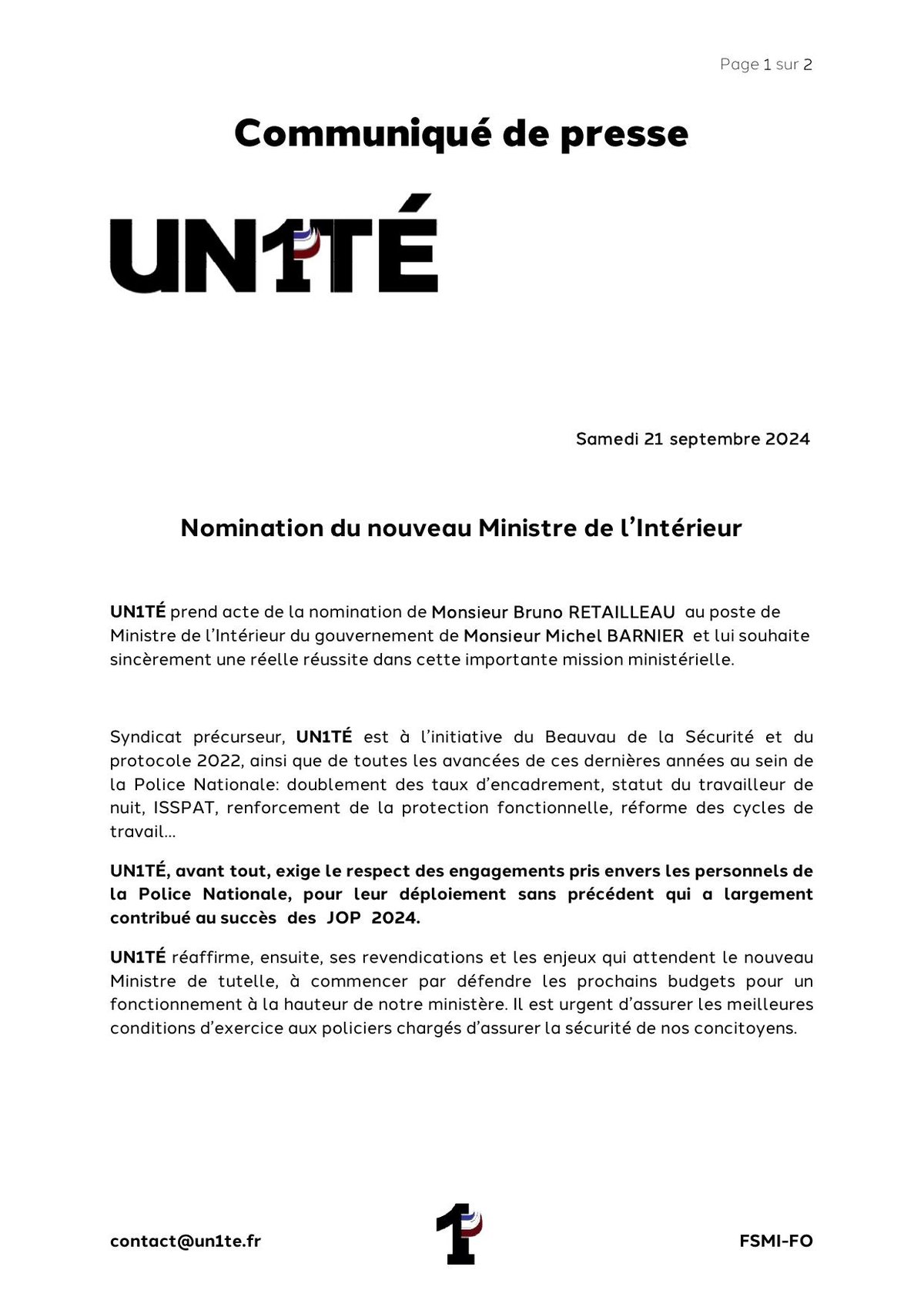 Communiqué de presse - Nomination du nouveau Ministre de l’Intérieur