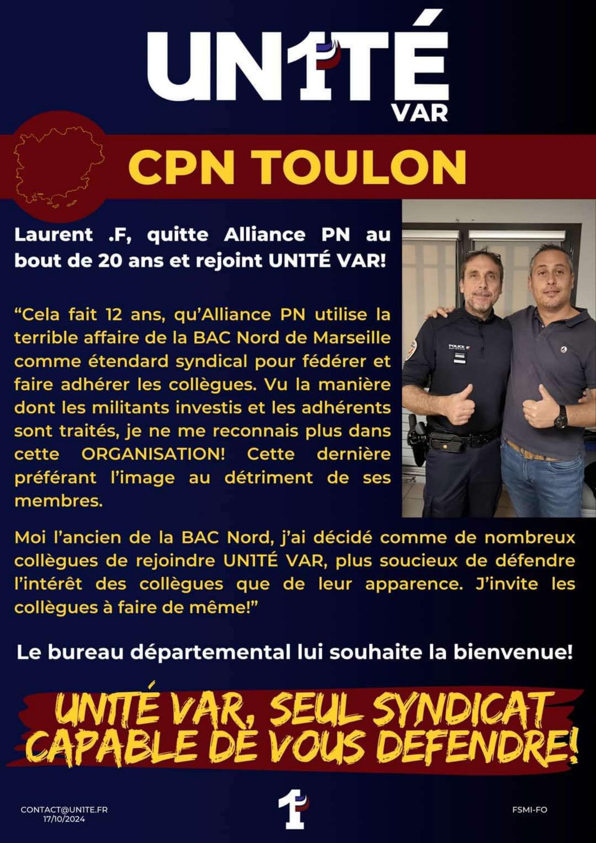 CPN TOULON - Laurent F., quitte Alliance PN au bout de 20 ans et rejoint UNITÉ VAR !