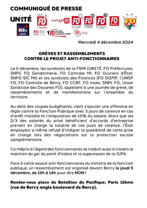 Aperçu — COMMUNIQUÉ DE PRESSE: GRÈVES ET RASSEMBLEMENTSCONTRE LE PROJET ANTI-FONCTIONNAIRES