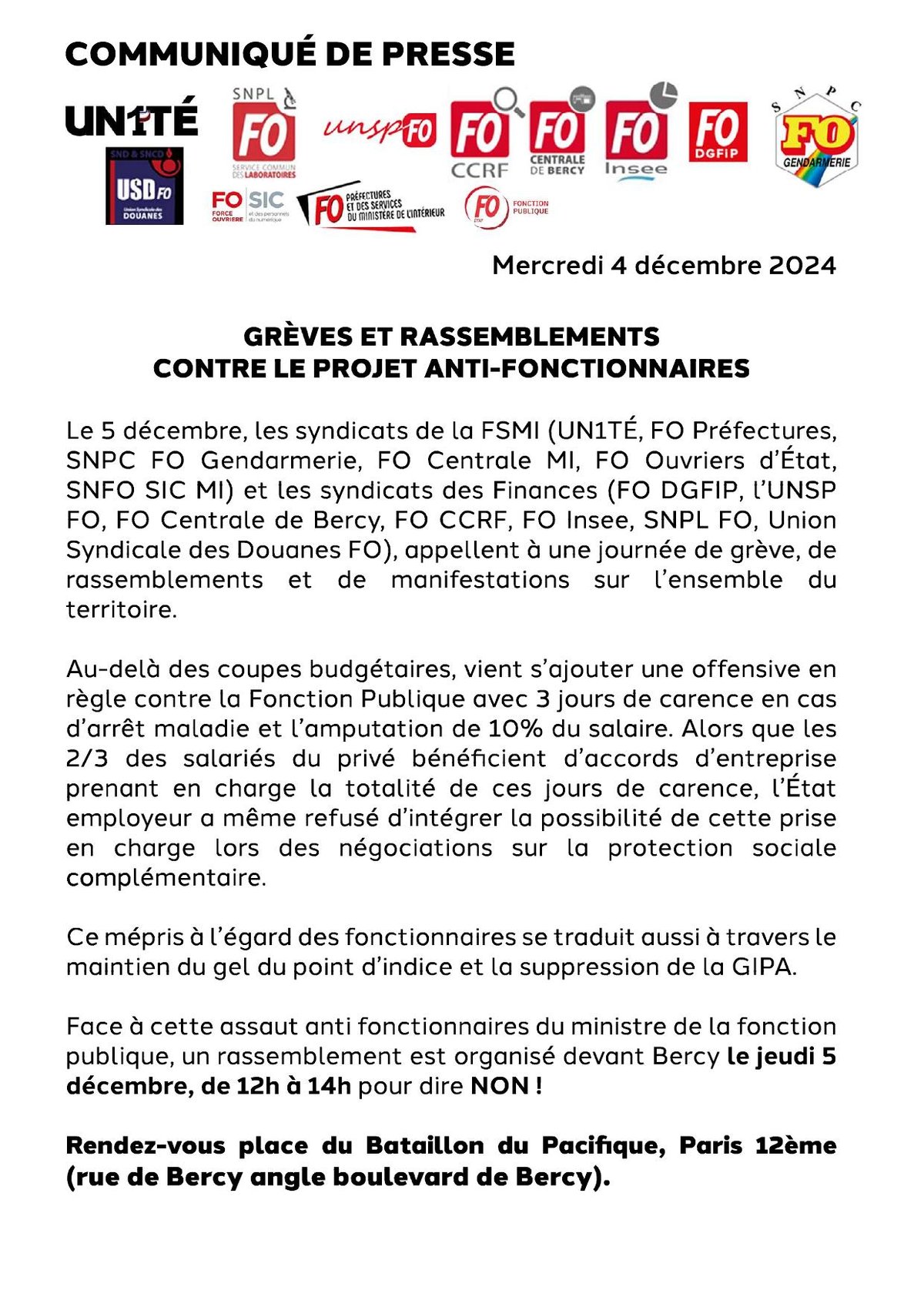 COMMUNIQUÉ DE PRESSE: GRÈVES ET RASSEMBLEMENTSCONTRE LE PROJET ANTI-FONCTIONNAIRES