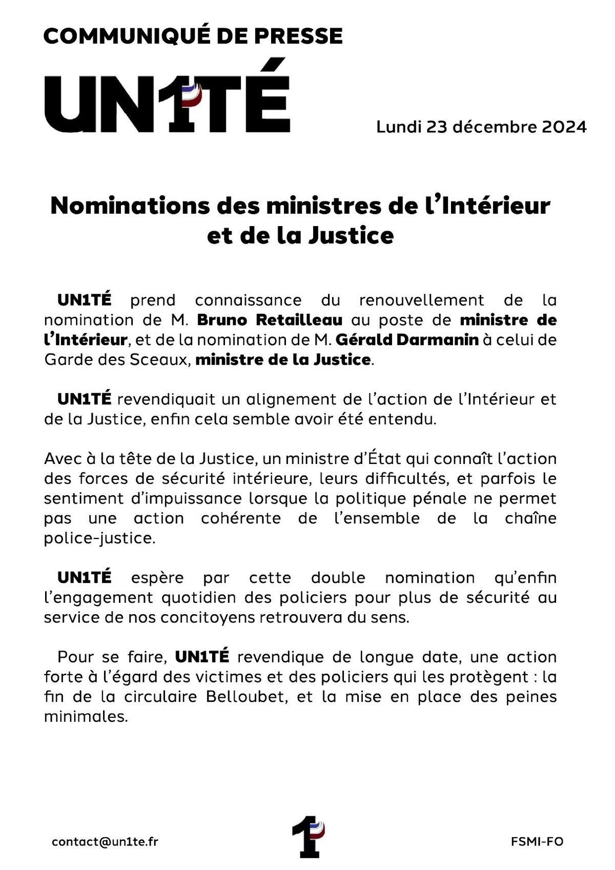 Communiqué de presse - Nominations des ministres de l’Intérieur et de la Justice