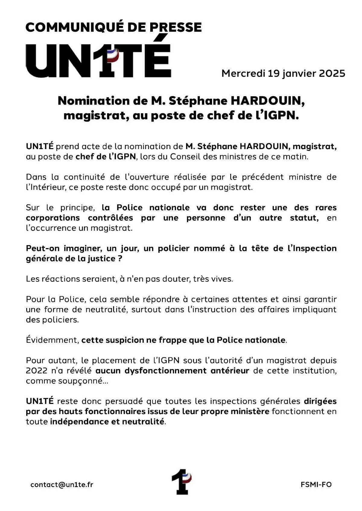Nomination de M. Stéphane HARDOUIN, magistrat, au poste de chef de l’IGPN