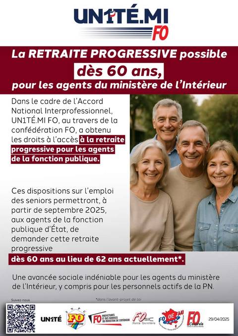 Aperçu — La retraite progressive possible dès 60 ans, pour les agents du ministère de l’Intérieur