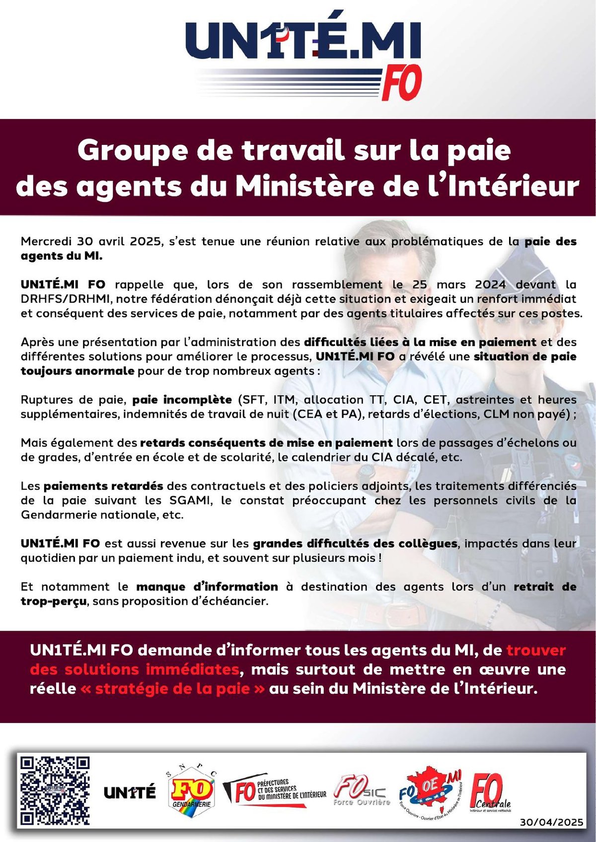 Groupe de travail sur la paie des agents du Ministère de l’Intérieur