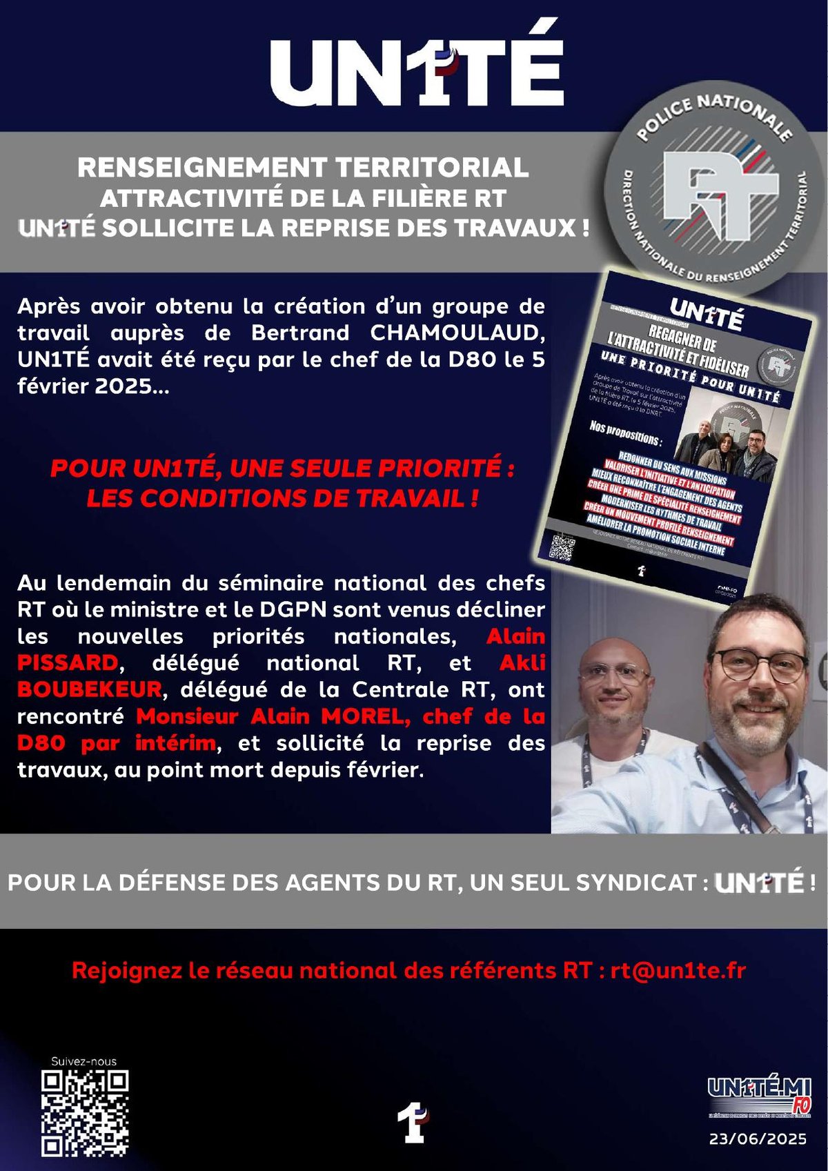 Renseignement territorial Attractivité de la filière RT UN1TÉ sollicite la reprise des travaux !