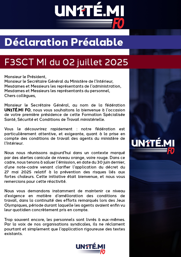 Déclaration préalable d’UN1TÉ.MI FO au F3SCT Ministériel du Ministère de l’Intérieur