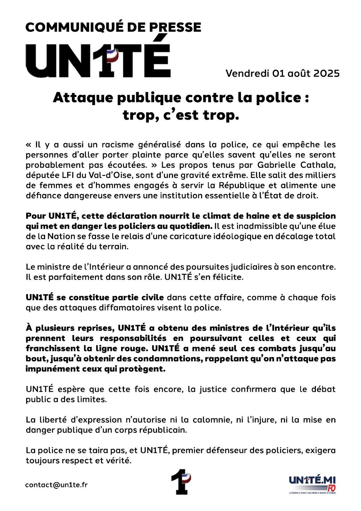 Communiqué de presse: Attaque publique contre la police : trop, c’est trop.