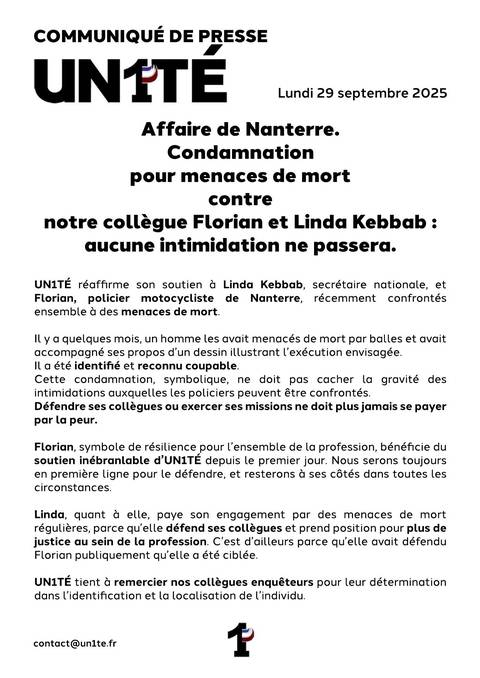 Aperçu — Affaire de Nanterre. Condamnation pour menaces de mort contre notre collègue Florian et Linda Kebbab