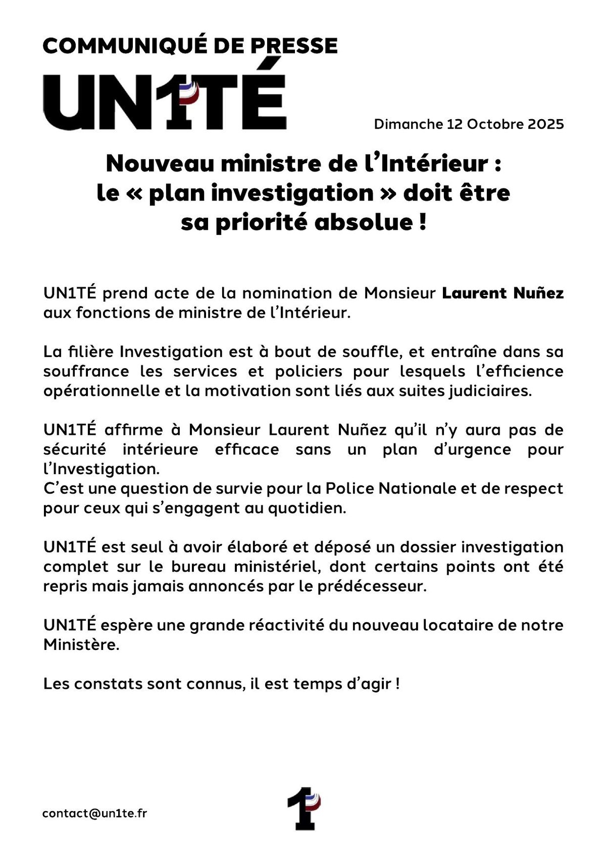 COMMUNIQUÉ DE PRESSE : Nouveau ministre de l’Intérieur