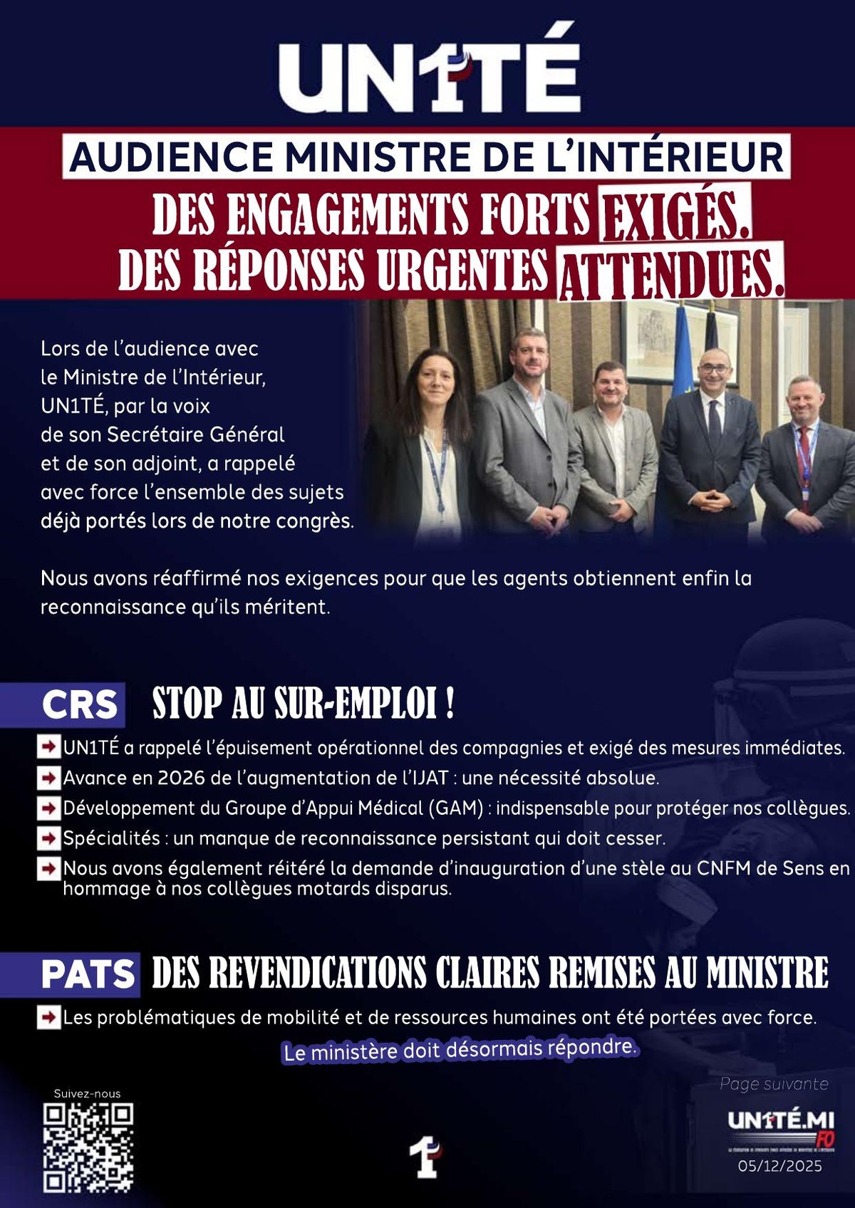 Audience ministre de l’Intérieur - Des engagements forts, exigés. - Des réponses urgentes, attendues.