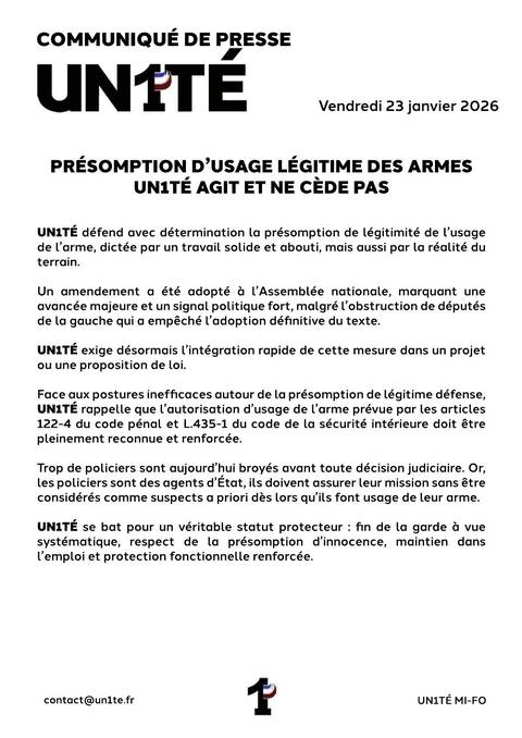 Aperçu — COMMUNIQUÉ DE PRESSE - Présomption d’usage légitime des armes UN1TÉ agit et ne cède pas