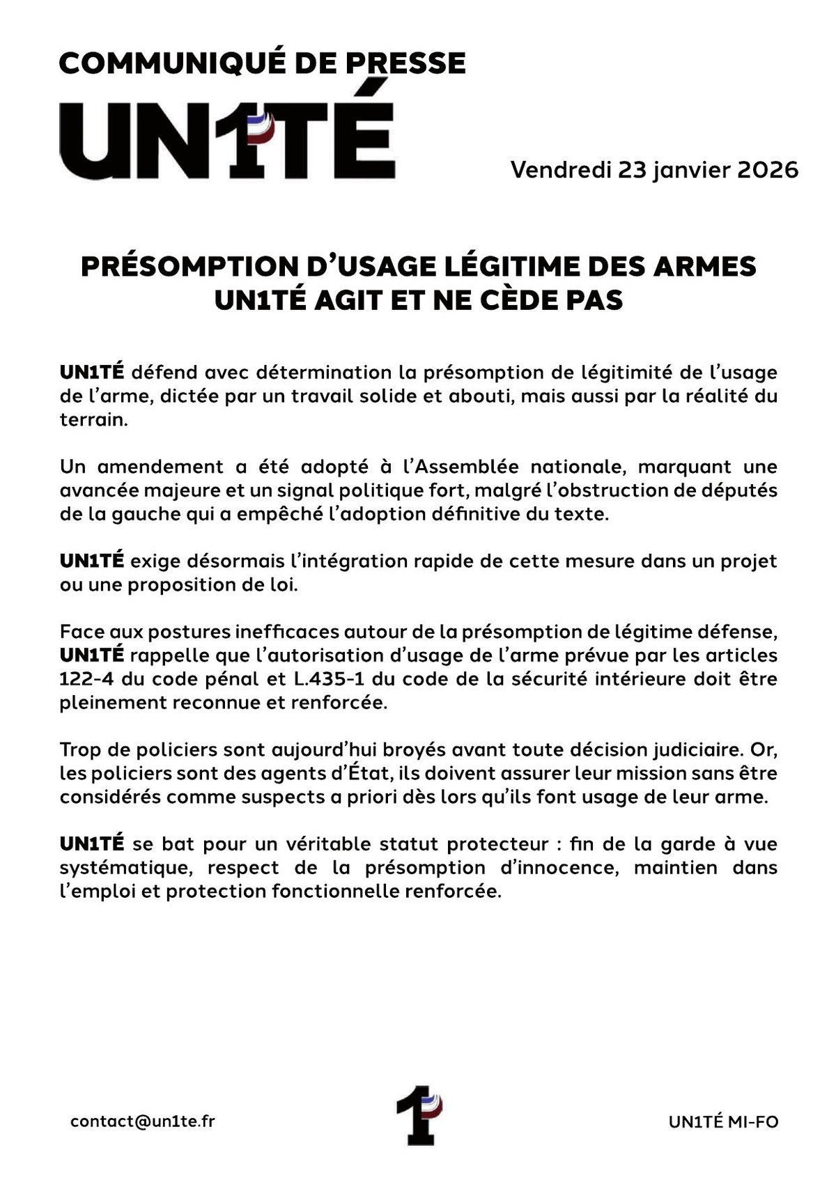 COMMUNIQUÉ DE PRESSE - Présomption d’usage légitime des armes UN1TÉ agit et ne cède pas