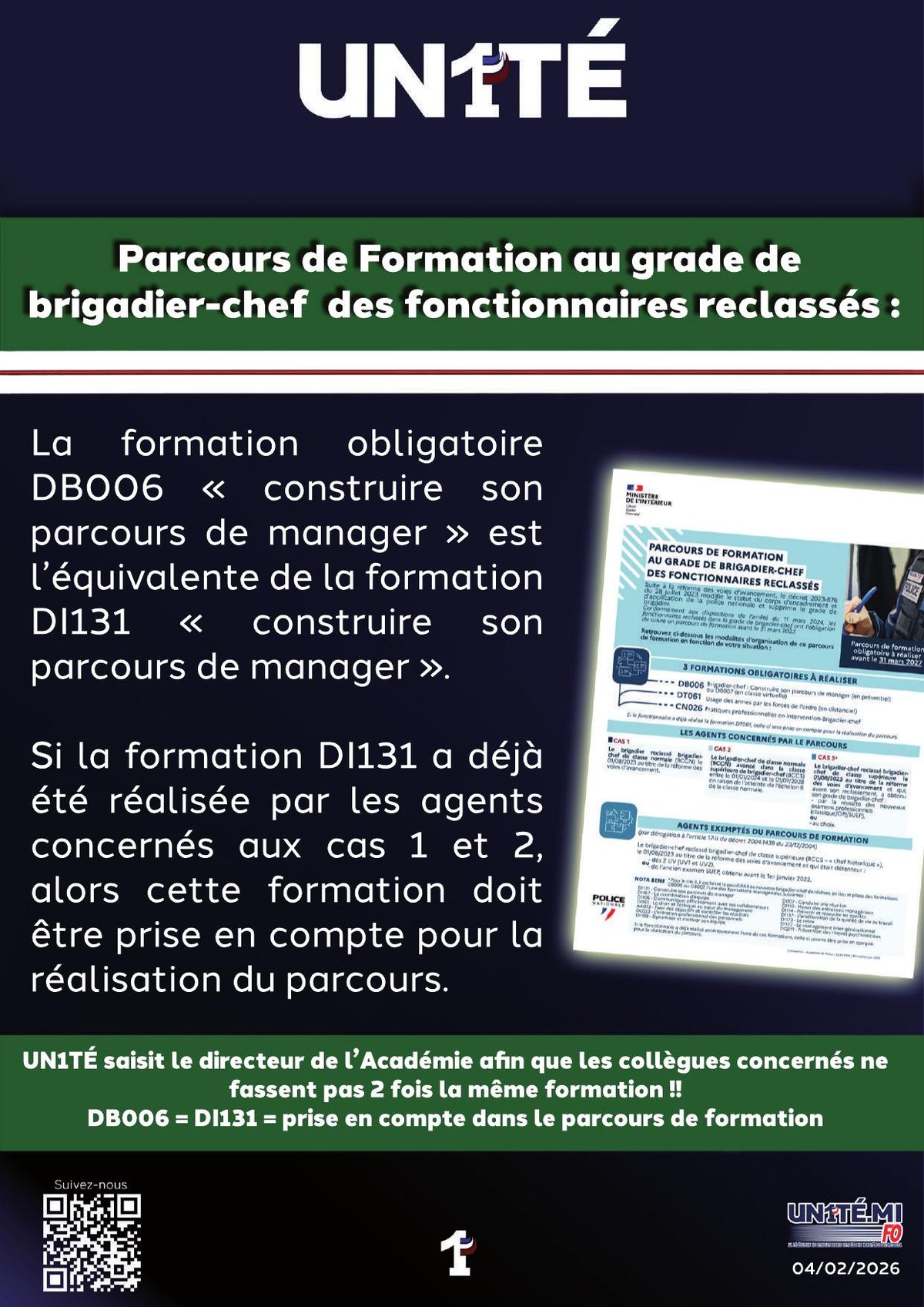 Parcours de Formation au grade de brigadier-chef des fonctionnaires reclassés :