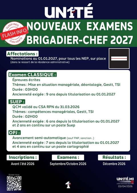 Aperçu — Nouveaux examens Brigadier-chef 2027