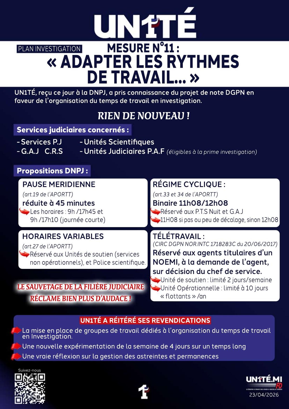 Plan Investigation : Mesure n°11 : "Adapter les rythmes de travail..."