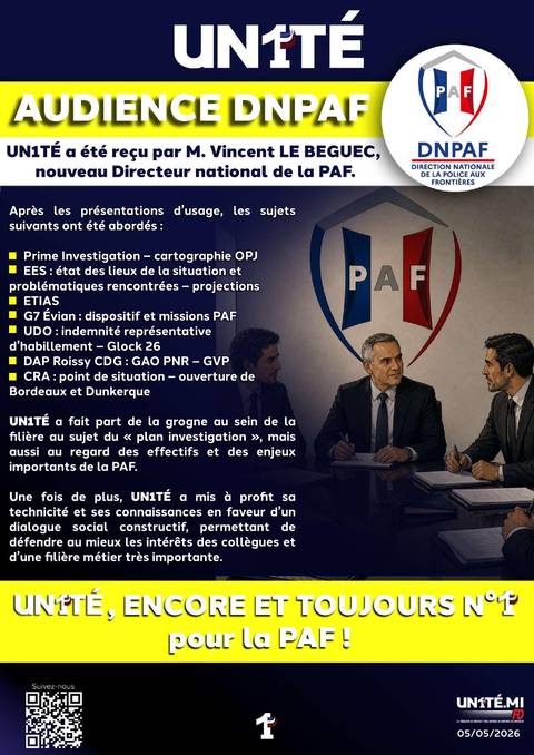Aperçu — AUDIENCE DNPAF - UN1TÉ a été reçu par M. Vincent LE BEGUEC, nouveau Directeur national de la PAF.